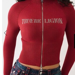 True Religion Women's Burgundy Ribbed Zip-Up Hoodie